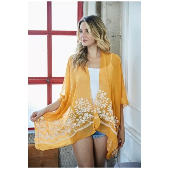 SOLD OUT Mustard Floral Embroidered Sheer Kimono Wrap Top - Picture 2 of 5